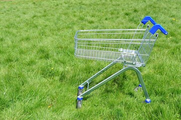 shopping cart on green grass background copy space 