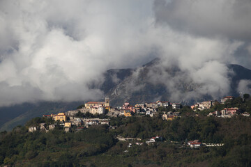 landscape of Montefredane Irpino. Small village on the hill with Montevergine on the background in Avellino, Irpinia, Campania, Italy