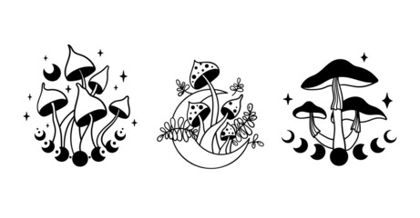 Mystical space mushroom and moon isolated clip art bundle, hand drawn line celestial mushrooms, moon and stars, witchy floral esoteric objects, - black and white vector