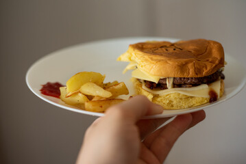 Handmade hamburger with french fries and dips made at home