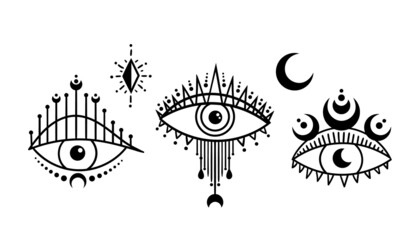 Mystical evil eye and moon phases isolated clip art set, celestial the third eye, magical hand drawn eye of providensce, silhouette esoteric symbols, black and white vector