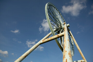 Newcastle-under-Lyme, Staffordshire, uk, 04,25.2022,Apedale pit wheel memorial and coal tub located...