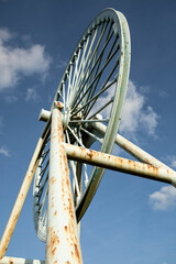 Newcastle-under-Lyme, Staffordshire, uk, 04,25.2022,Apedale pit wheel memorial and coal tub located...