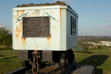 Newcastle-under-Lyme, Staffordshire, uk, 04,08.2022,Apedale coal tub memorial located in Apedale community park, formerly opencast mining
