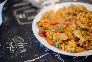 Typical Spanish paella homemade made at home 