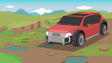 Fototapeta premium Electric vehicle off road car red color on soil road. Eco area and nature of green grass and flooding with stone. Mountain for the background under blue sky.