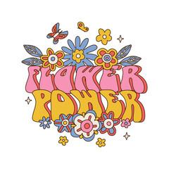 Flower Power Lettering text with daisy and butterfly concept. Template with floral symbols isolated on white background. Hand drawn vector Illustration for print design. - obrazy, fototapety, plakaty