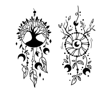Hand drawn mystical Dreamcatcher isolated clip arts on white, black and white line boho dream catchers, celestial floral design elements - vector