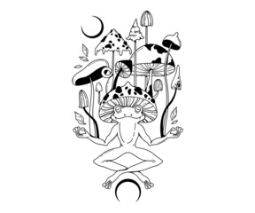 Mystical meditating Frog and magic mushrooms isolated clip art, hand drawn mysterious composition with celestial toad and poisonous mushrooms on white