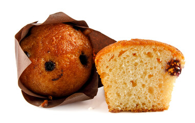 Whole and half muffin isolated on white background. Full clipping path.