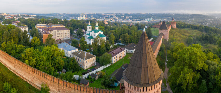 Panoramic drone view of Kremlin towers and walls on summer sunrise. Smolensk, Russia..