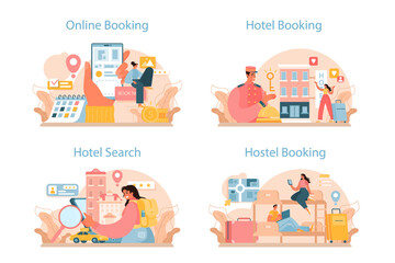 Booking a hotel concept set. Traveling and tourism planning. Booking apartment