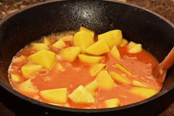 food cooking in stew pot ,tocana, ceaun,potatoes in orange sauce,soup