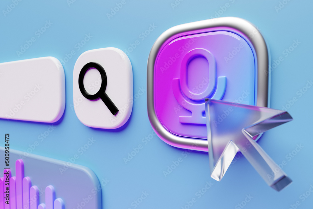 Poster 3d illustration, search bar elements design. search bar with magnifying glass and microphone icon fo