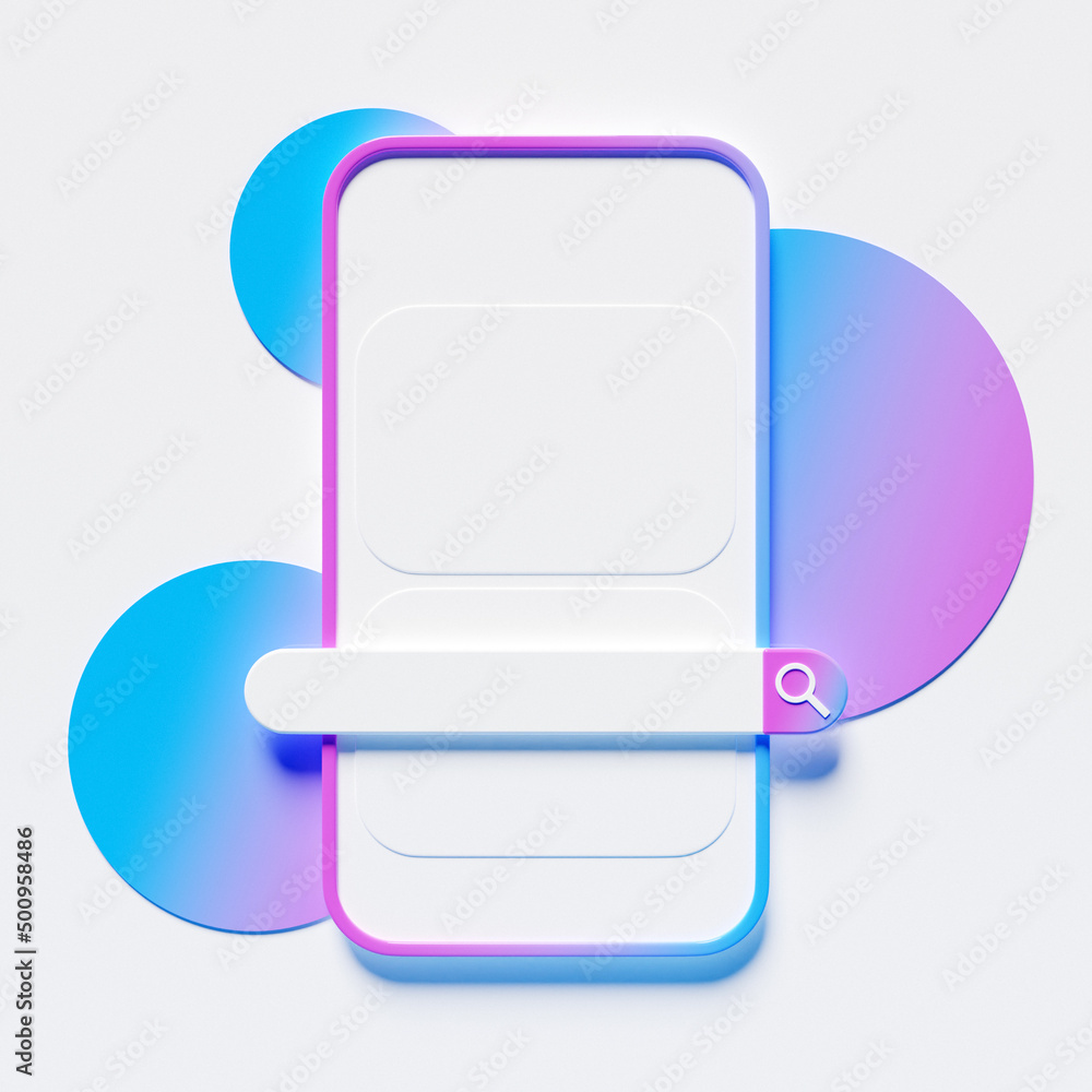 Poster 3d illustration of a mobile phone with a search bar on a white background with geometric shapes. int