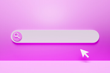 3d illustration of an internet search page on a  pink background. Search bar  icons