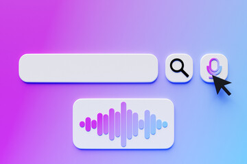 3D illustration, search bar elements design. Search bar with magnifying glass and microphone icon for audio search. Template search user interface.