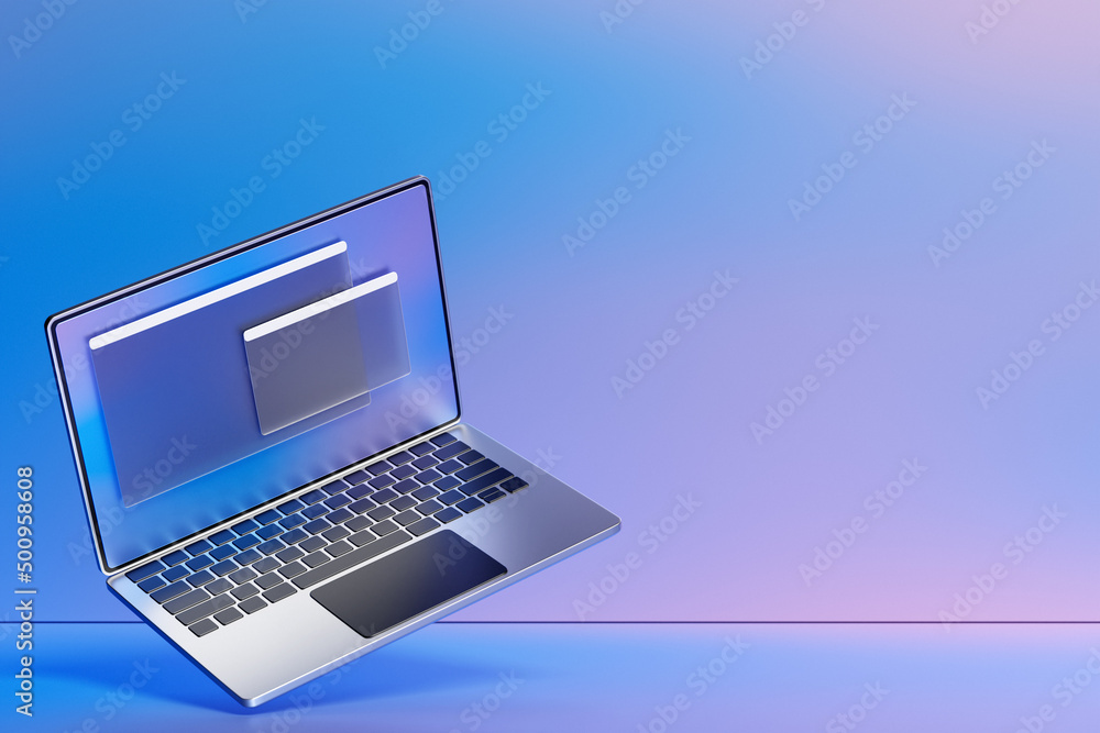 Poster 3d illustration of a laptop with an open browser tab on the screen. internet search using smartphone