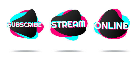 Set of stickers for a popular social network. Black - blue  - pink sticker on white background. Modern advertising social media design. - obrazy, fototapety, plakaty