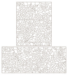 A set of contour illustrations of stained glass windows with the word love and roses, dark contours on a white background