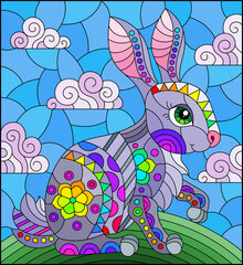An illustration in the style of a stained glass window with a cute bright rabbit on a background of sky and meadow