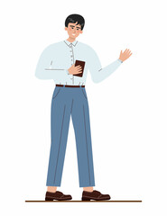 Asian businessman with mobile phone. Character wearing business casual