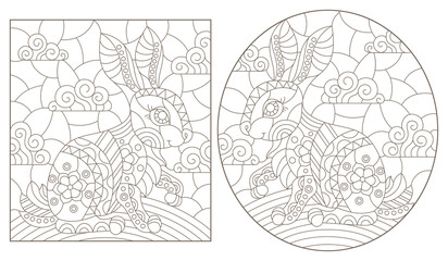 A set of contour illustrations in the style of stained glass with cute bunnies, dark contours on a white background