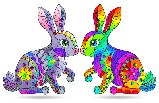 A set of illustrations in the style of stained glass with cute rabbits, isolated on a white background