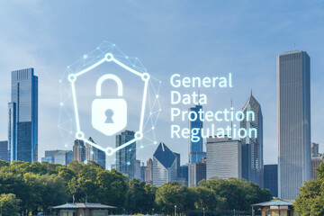 Chicago skyline from Butler Field towards financial district skyscrapers, day time, Illinois, USA. Parks and gardens. GDPR hologram, concept of data protection regulation and privacy for individuals