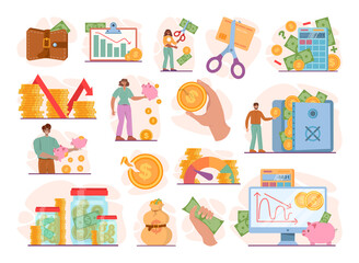 Budget contraction concept set. Bankruptcy or financiall crisis with falling