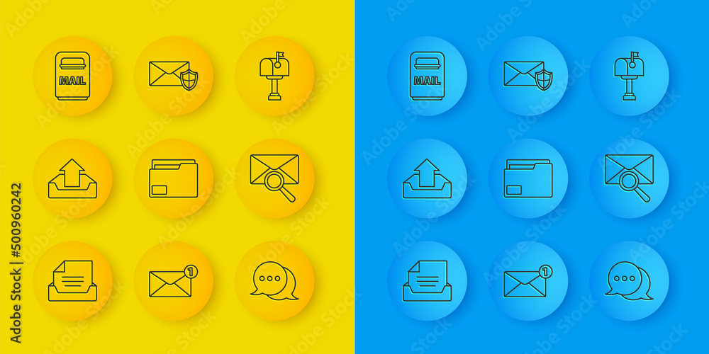 Poster set line drawer with document, upload inbox, document folder, speech bubble chat, envelope magnifyin