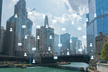 Fototapeta premium Panorama cityscape of Chicago downtown and Riverwalk, boardwalk with bridges at day time, Illinois, USA. Social media hologram. Concept of networking and establishing new people connections