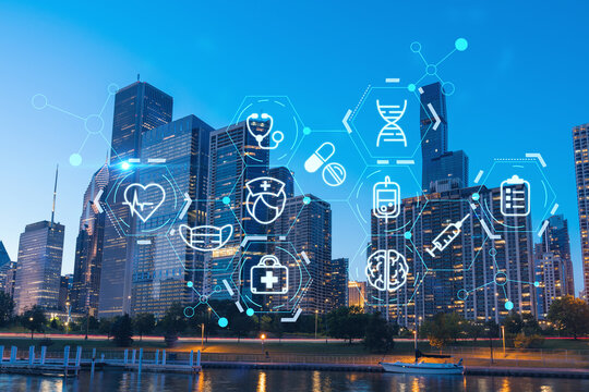 Downtown skyscrapers city view of Chicago, skyline panorama over Lake Michigan, harbor area, sunset, Illinois, USA. Health care digital medicine hologram. Concept of treatment and disease prevention - Powered by Adobe