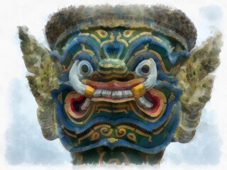 Landscape of the Grand Palace Wat Phra Kaew Bangkok Thailand watercolor style illustration impressionist painting.