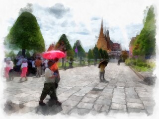 Fototapeta premium Landscape of the Grand Palace Wat Phra Kaew Bangkok Thailand watercolor style illustration impressionist painting.
