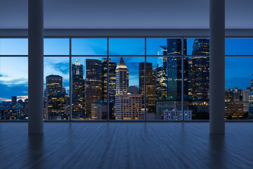 Fototapeta na wymiar Empty room Interior Skyscrapers View. Cityscape Downtown Seattle City Skyline Buildings from High Rise Window. Beautiful Real Estate. Night time. 3d rendering.