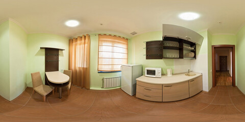 seamless 360 panorama in interior of kitchen of cheap hotel,  flat or apartments with chairs and...