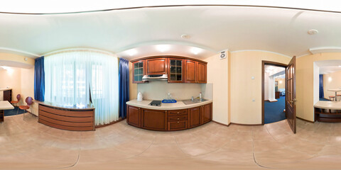 seamless 360 panorama in interior of kitchen of cheap hotel,  flat or apartments with chairs and...