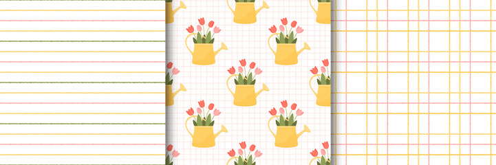 Collection of seamless patterns with watering cans with flowers, checkered and striped textures in cartoon flat style.