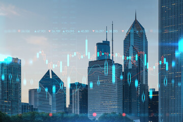 Chicago skyline from Butler Field to financial district skyscrapers at sunset, Illinois, USA. Parks, gardens. Forex graph hologram. The concept of internet trading, brokerage and fundamental analysis