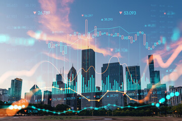 Chicago skyline from Butler Field to financial district skyscrapers at sunset, Illinois, USA. Parks, gardens. Forex graph hologram. The concept of internet trading, brokerage and fundamental analysis
