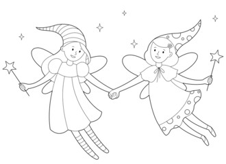 Two flower fairies. Coloring book for children. Illustration isolated on white background.
