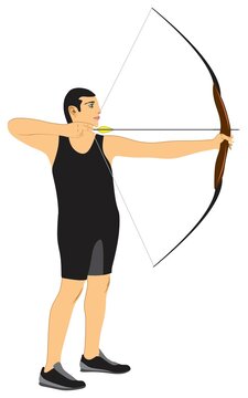 Archery Sport an athlete holding a bow playing throw the shot using a bow to shoot arrow bowman hunting and combat concept man standing competitive recreational outdoor activity vector drawing archer