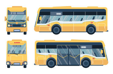 Public bus, front, back and side view. Modern city transport, municipal