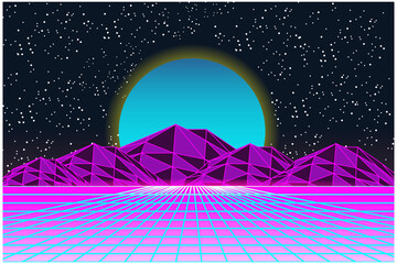Retro Sci-Fi futuristic background 1980s and 1990s style 3d illustration. Digital landscape in a cyber world. For use as design cover.