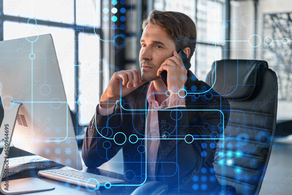 Aufkleber businessman in suit has conference call to optimize development by implying new technologies in busi