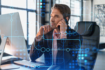 Businessman in suit has conference call to optimize development by implying new technologies in...