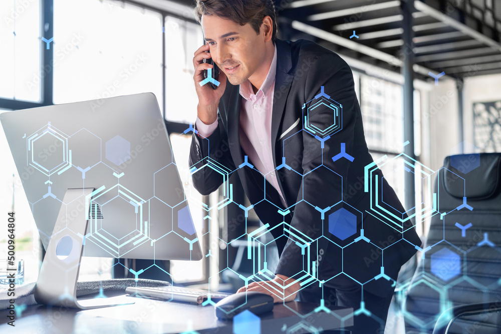 Poster businessman in suit has conference call to optimize development by implying new technologies in busi