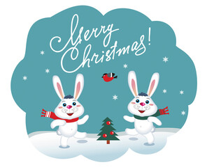 Obraz na płótnie Canvas Happy bunnies celebrate Christmas and dance merrily near the Christmas tree. Vector image.
