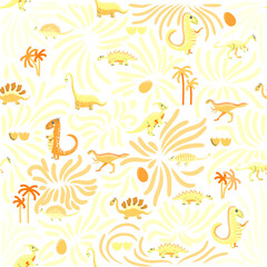 Cute dinosaurs seamless pattern. Solid pattern, shades of blue, green, pink, orange, purple, gray. Funny cartoon dinosaur